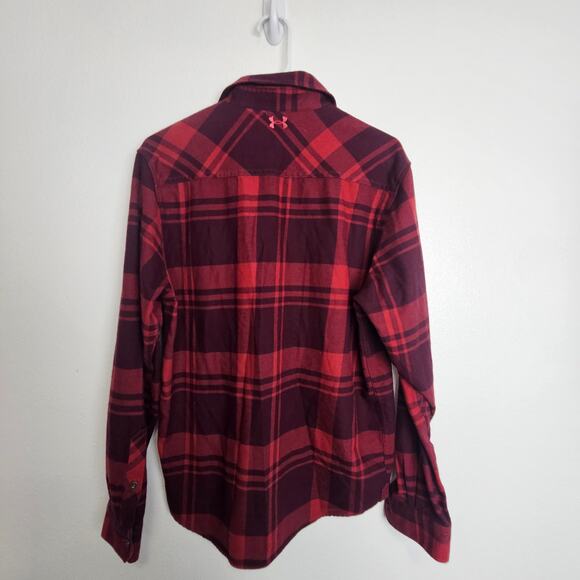 Under Armour Flannel Shirt Red Plaid Coldgear Button Front Long Sleeve Men S - Picture 7 of 8